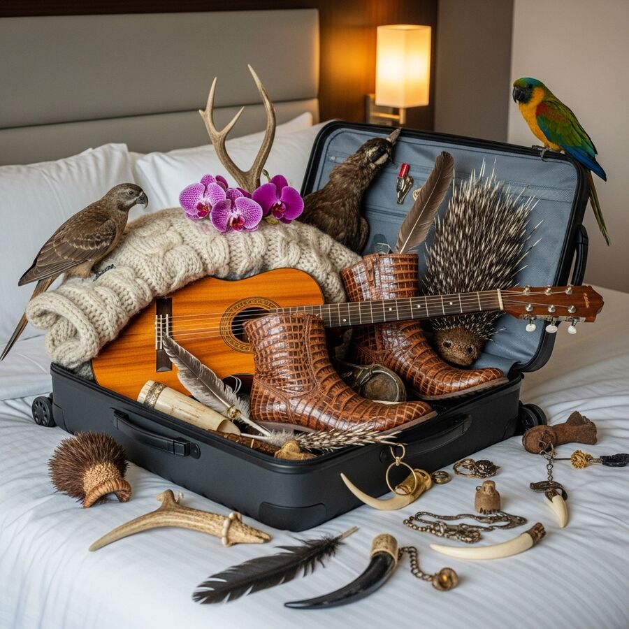 Otwarta walizka, w której znajdują się buty ze skóry gadów, storczyki, papugi, gitara, poroża, pióra, jaja.