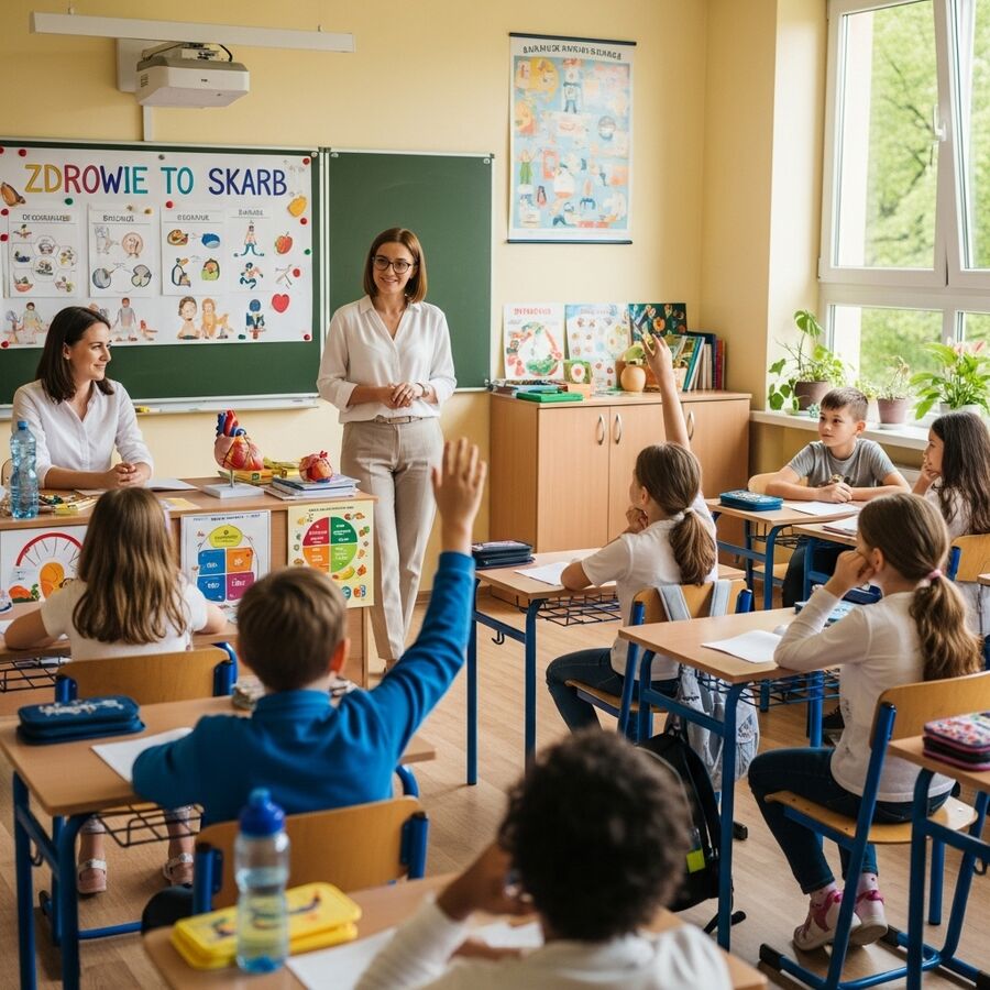 Zajęcia w klasie szkolnej z edukacji zdrowotnej.