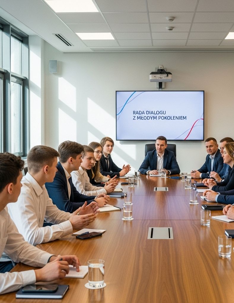 Młodzież i dorośli siedzą naprzeciw siebie w sali konferencyjnej.