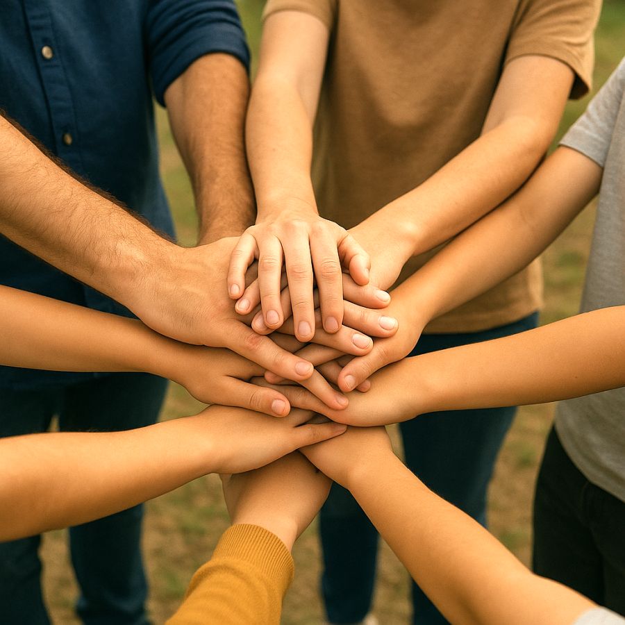 Dłonie ułożone jedna na drugiej osób stojących w kręgu.
