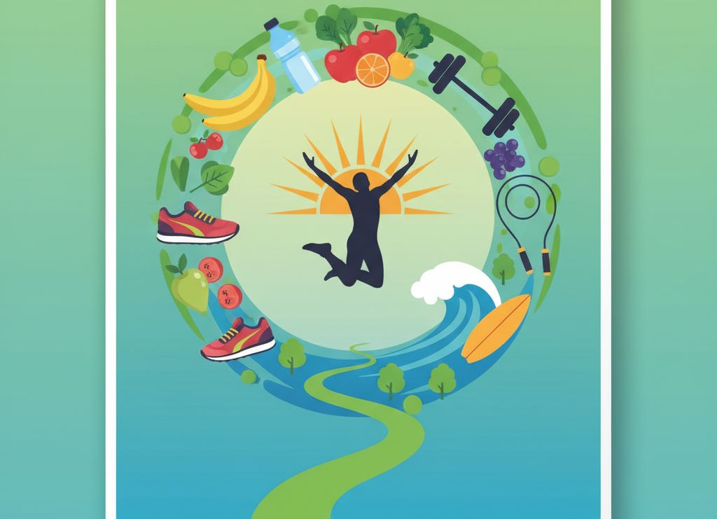 Plakat promujący zdrowie: sylwetka w wyskoku na tle słońca i atrybuty zdrowego stylu życia.