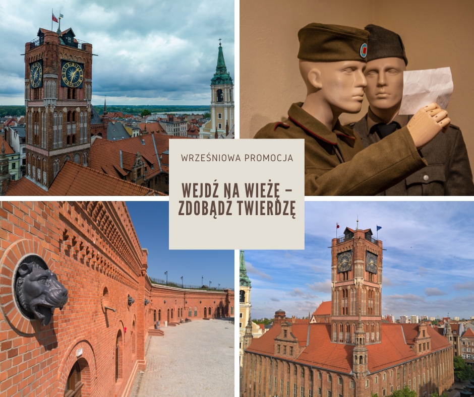 Cztery fotografie, przedstawiające Toruń, w środku napis: Wejdź na Wieżę – zdobądź Twierdzę.