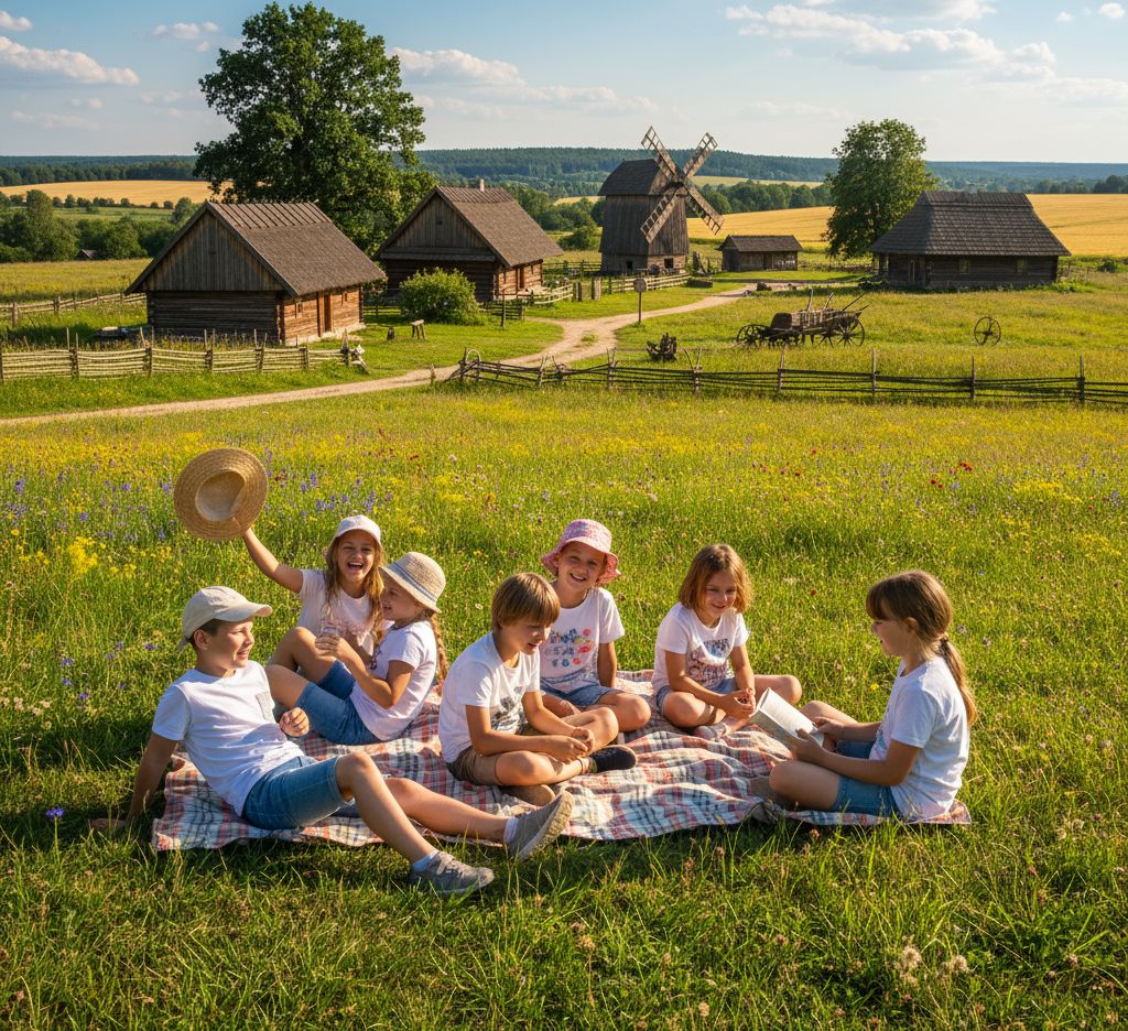 Na łące dzieci siedzą na kocu. W tle zagrody wiejskie i wiatrak tworzące skansen.