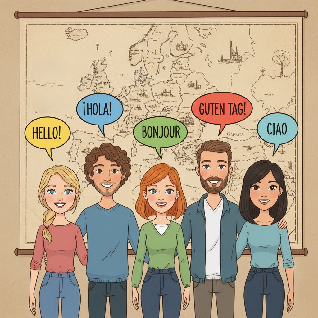 Postacie komiksowe z dymkami w różnych językach stoją na tle mapy Europy.