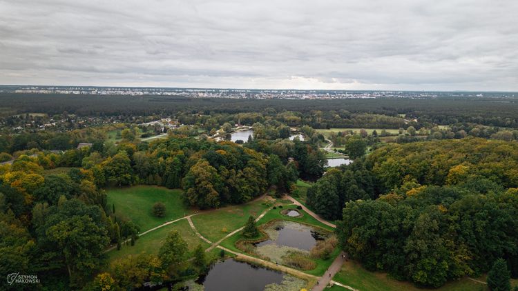 Widok z lotu ptaka na las, stawy, w oddali miasto.