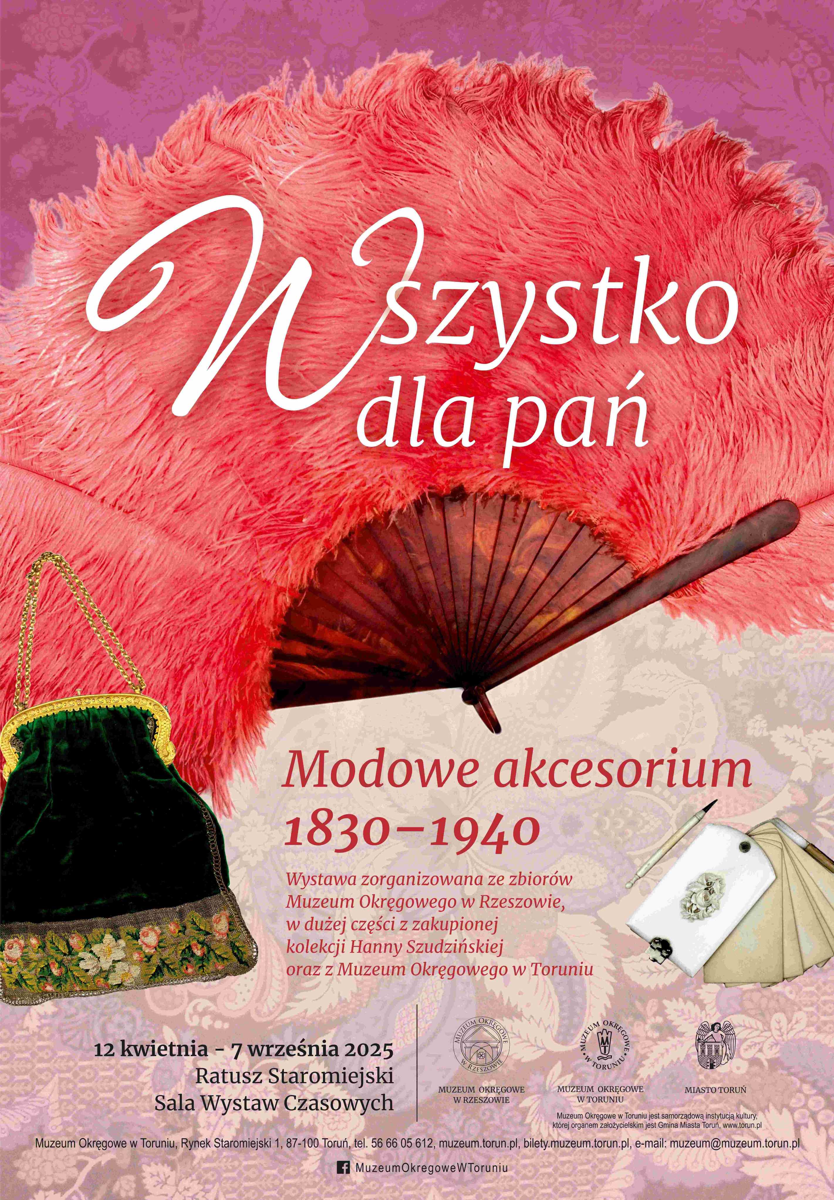 Kolorowy plakat, na którym jest wachlarz, torebka damska, inne akcesoria i informacje o wystawie.