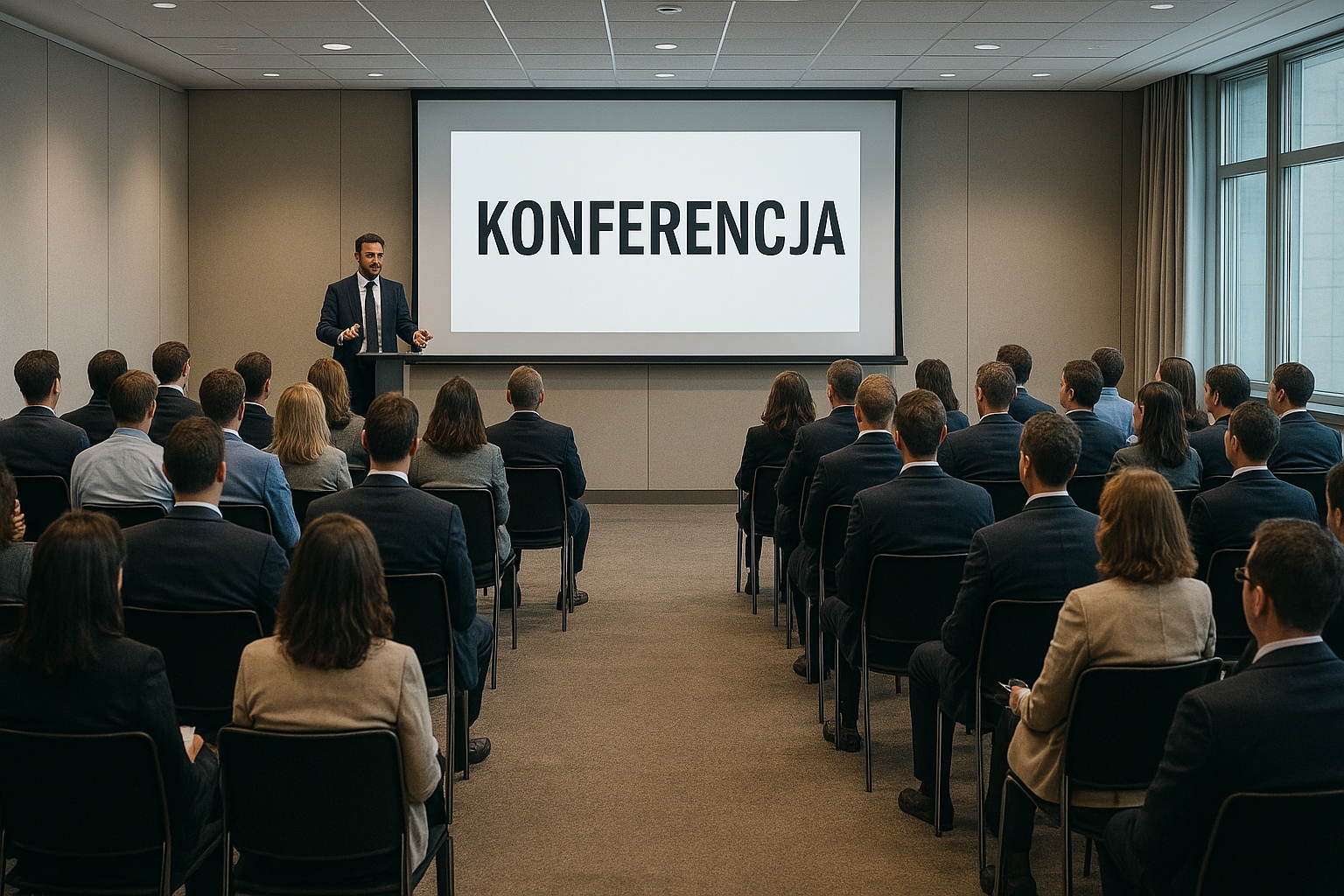 Prelegent na konferencji stoi przed publicznością.