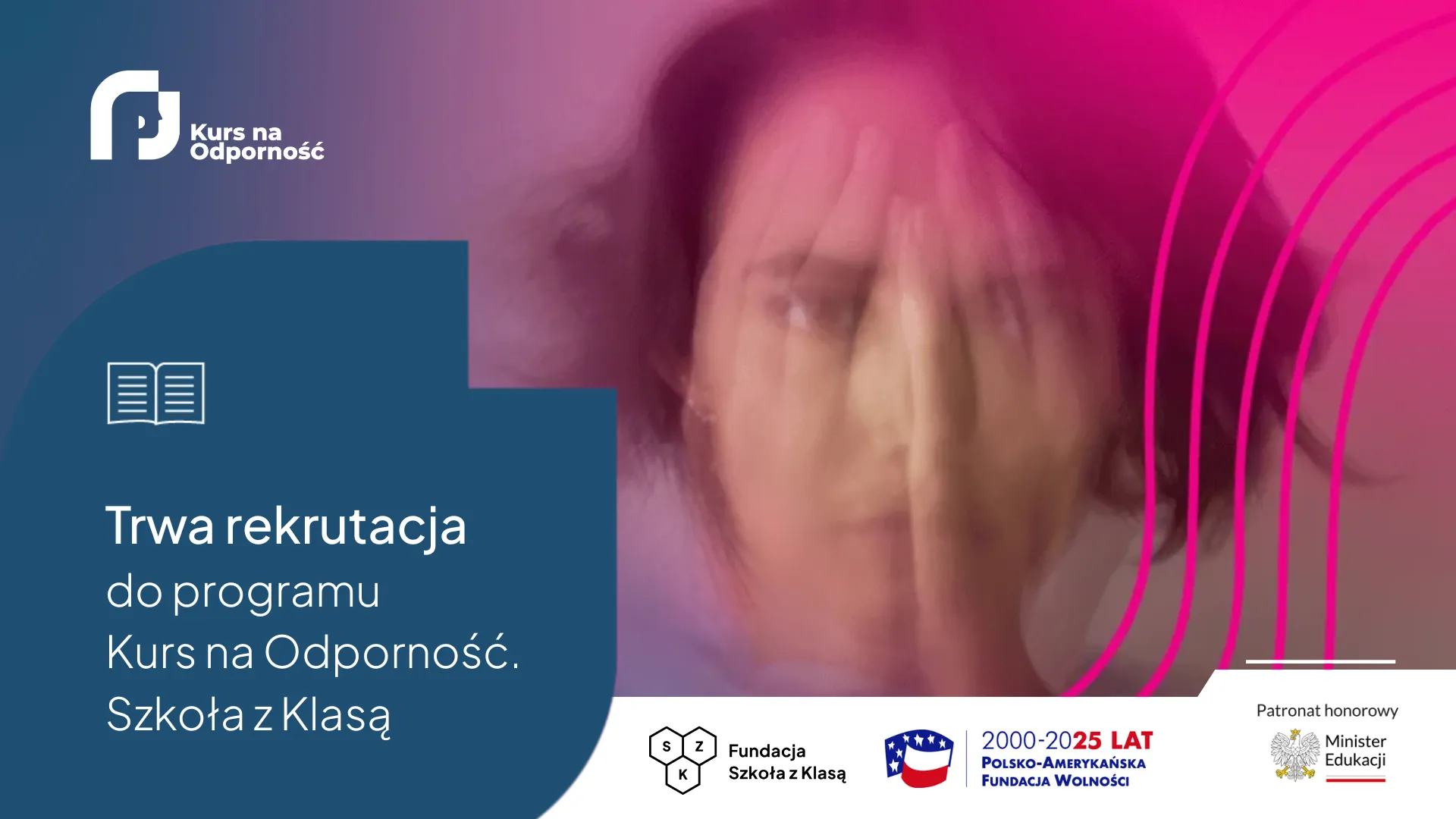 Niewyraźna twarz kobiety oraz informacje o kursie.