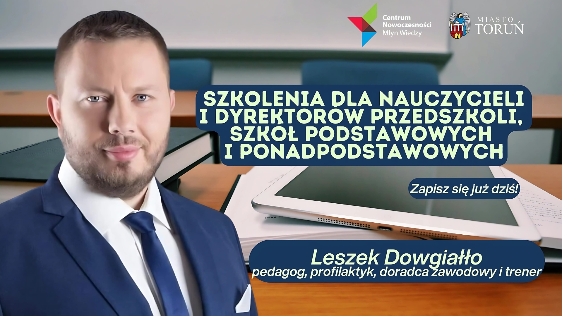 Plakat promujący szkolenia w Młynie Wiedzy.