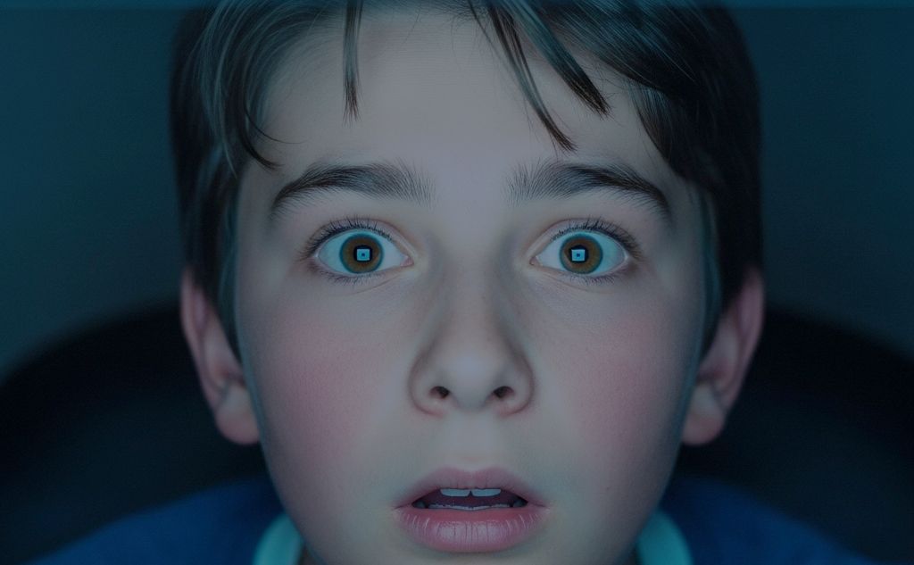 Twarz nastolatka z miną podekscytowania, zdziwienia, lęku. Ekran, na który patrzy odbija się w jego oczach.