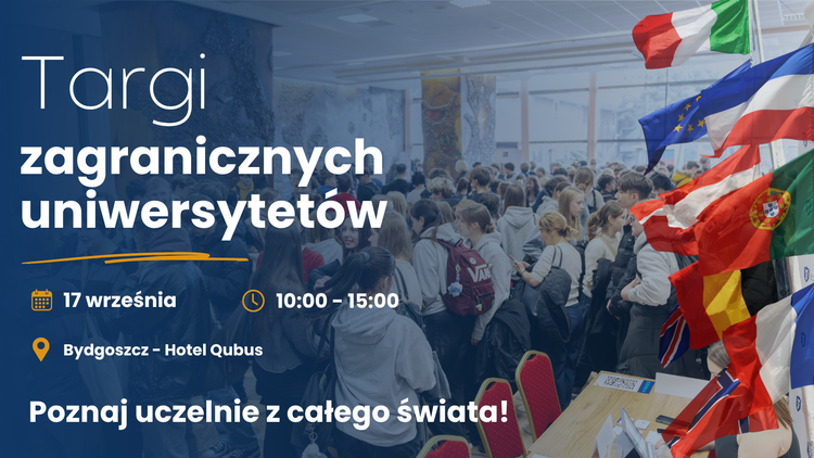 Młodzi ludzie, po prawej flagi różnych krajów, po lewej informacje o targach zagranicznych.