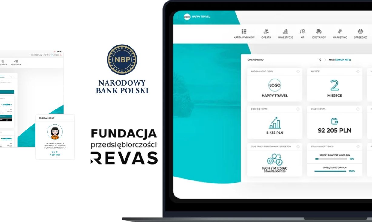 Ekran laptopa z symulacją biura podróży oraz logo NBP i Fundacji REVAS.