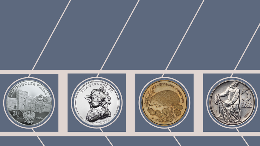 Szara grafika z czterema polskimi monetami.