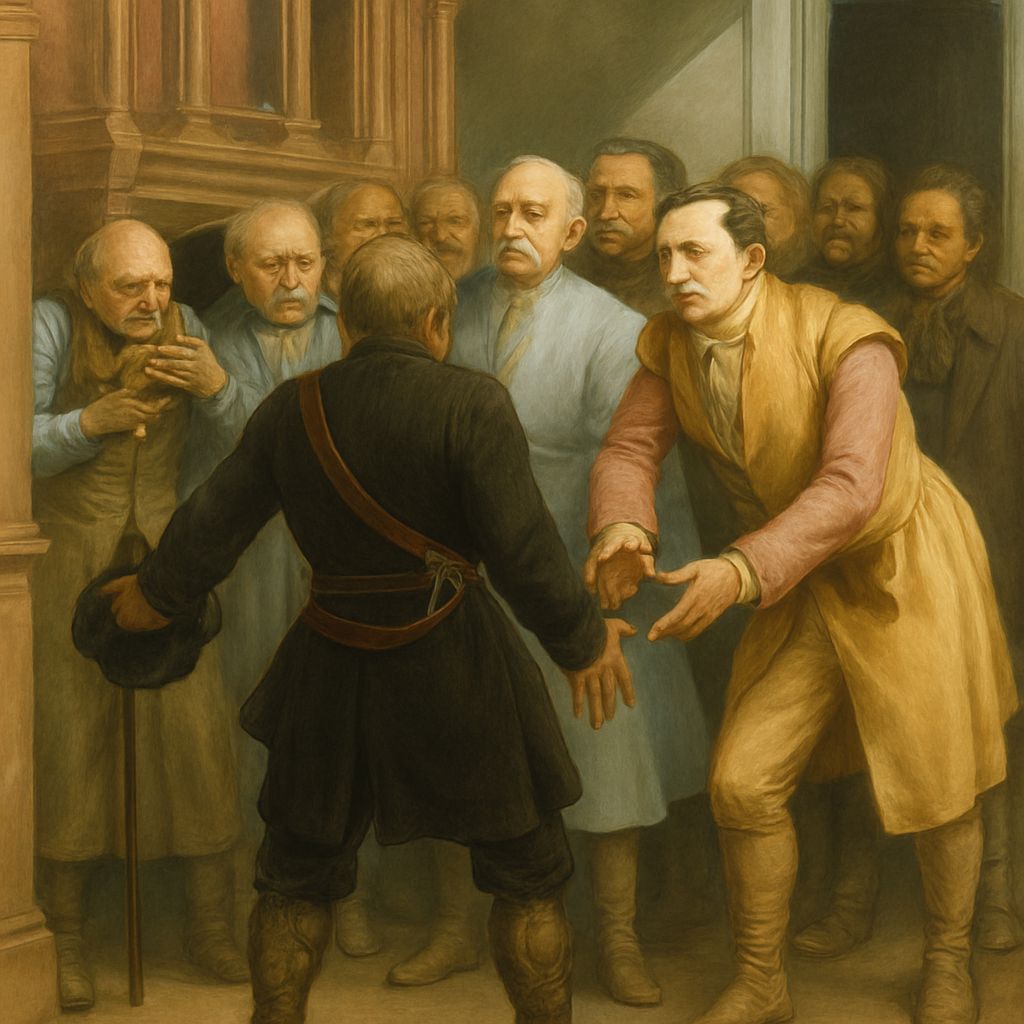 Ilustracja sceny z "Pana Tadeusza" wygenerowana przez AI z postaciami szlachciców w dworku.