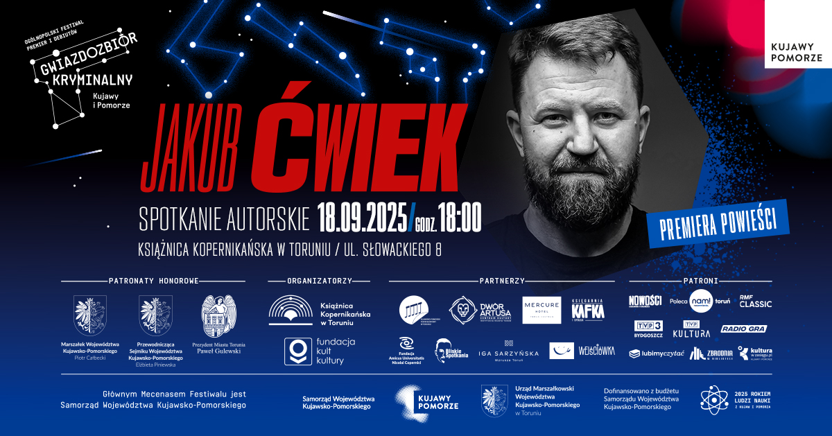 Plakat promujący spotkanie z Jakubem Ćwiekiem.