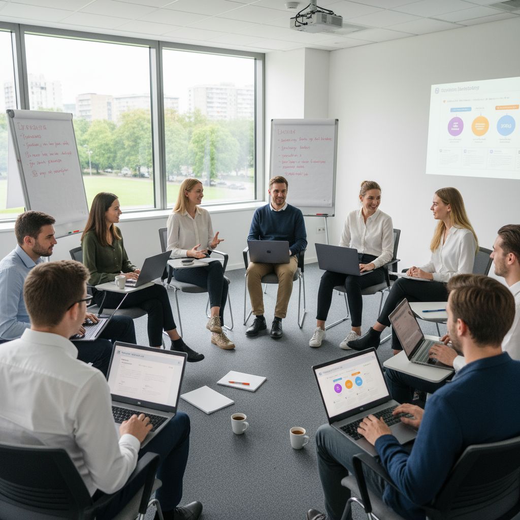 Młodzi ludzie siedzą w kręgu z laptopami i rozmawiają ze sobą.