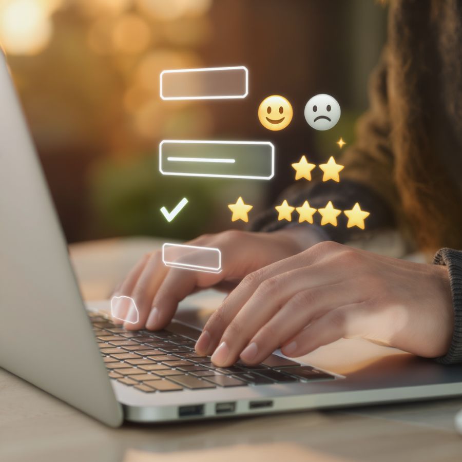 Zbliżenie na dłonie przy laptopie.