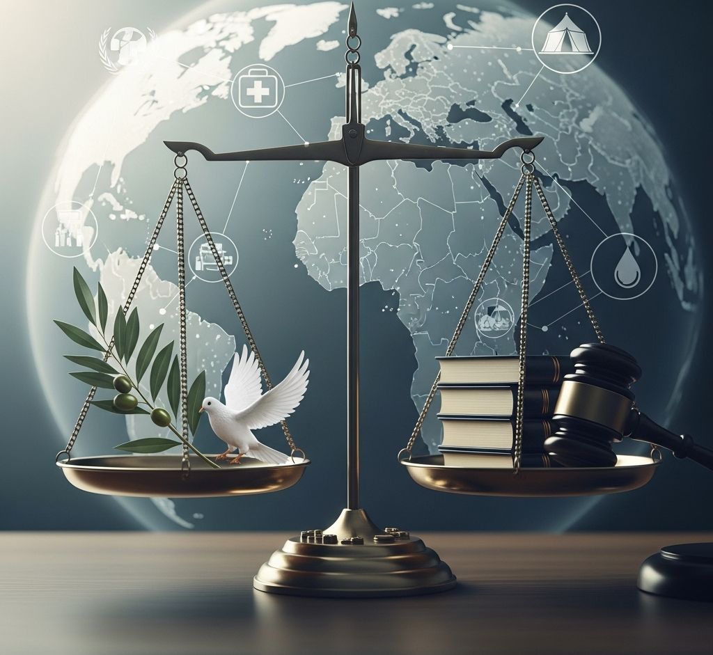 Na jednej szalce wagi gołąb i gałązka oliwna, a na drugiej kodeksy i młotek sędziowski. W tle glob.