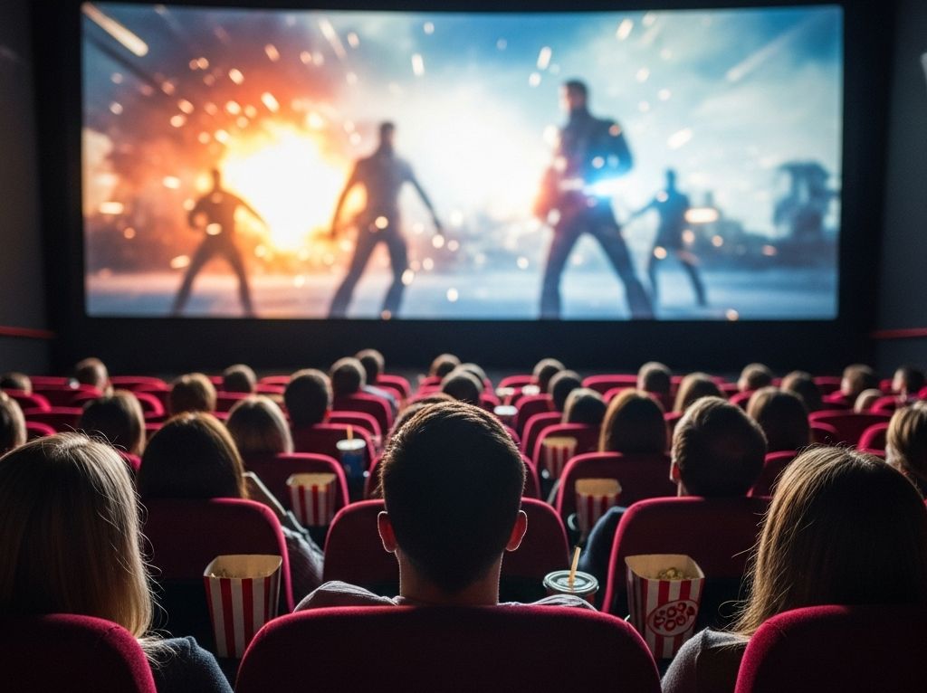 Seans filmowy w kinie przy pełnym obłożeniu sali.