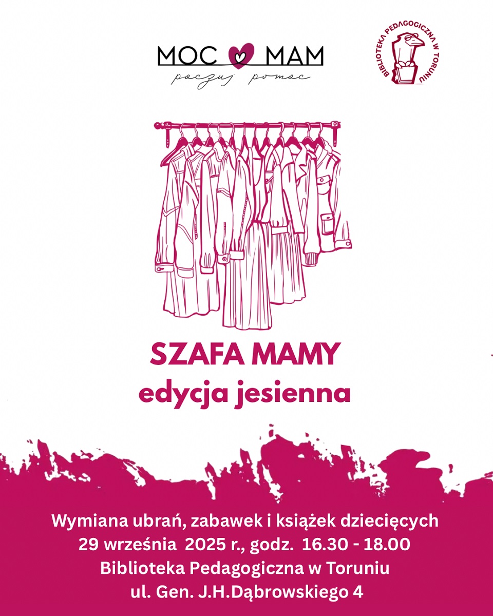 Różowo-biały rysunek rzeczy wiszących na wieszakach.