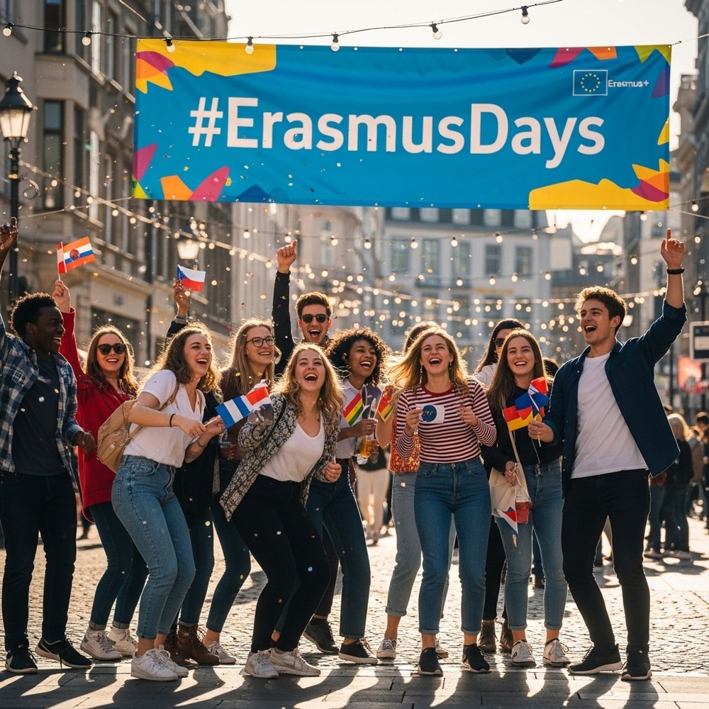 Roześmiana młodzież na imprezie ulicznej pod hasłem #ErasmusDays.