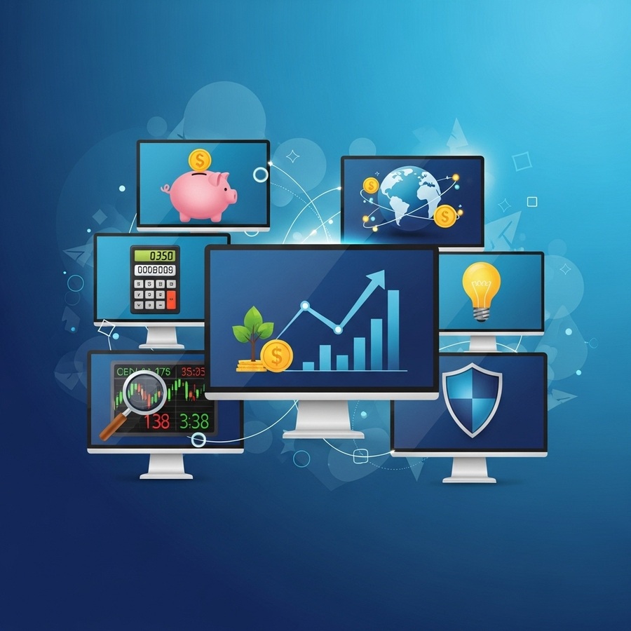 Monitory komputerowe wyświetlające symbole finansów, inwestowania, cyberbezpieczeństwa.