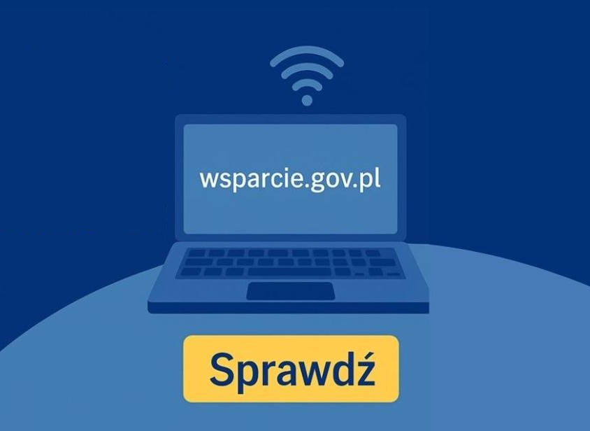Ekran laptopa z adresem nowego portalu edukacyjno-informacyjnego wsparcie.gov.pl i napis: sprawdź.