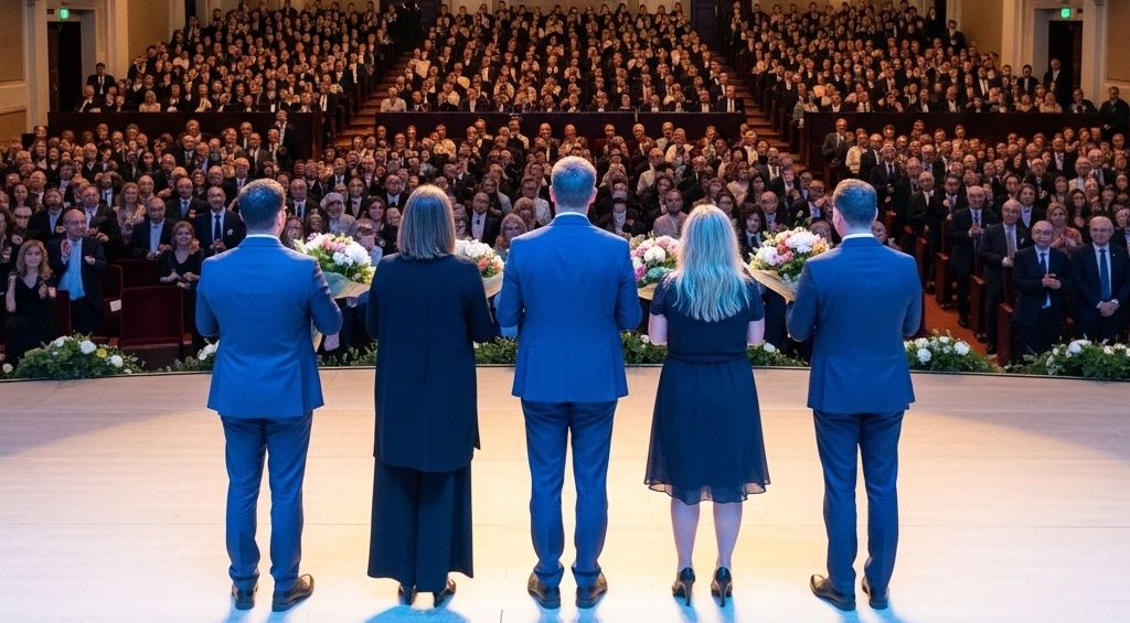 Pięć osób w strojach oficjalnych z bukietami kwiatów stoi na scenie w dużym audytorium.