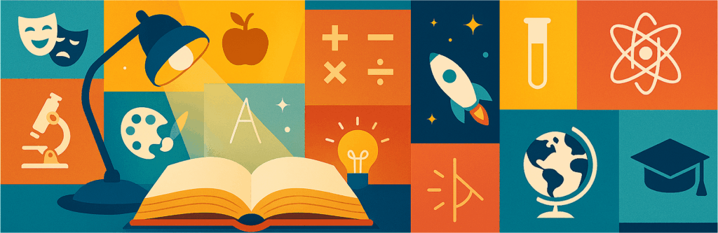 Kolorowa grafika wektorowa z lampką świecącą na książkę oraz innymi ikonami związanymi z edukacją.