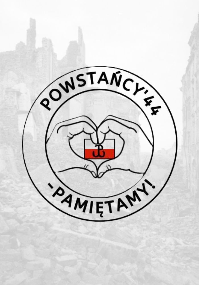 Logo projektu "Powstańcy’44 pamiętamy!" ze znakiem Polski Walczącej na tle zburzonego miasta.