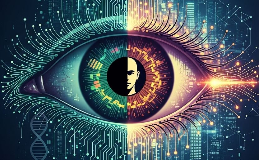 Głowa w źrenicy oka, które jest otoczone rzęsami przypominającymi układy elektroniczne, atrybuty cyfrowego świata.