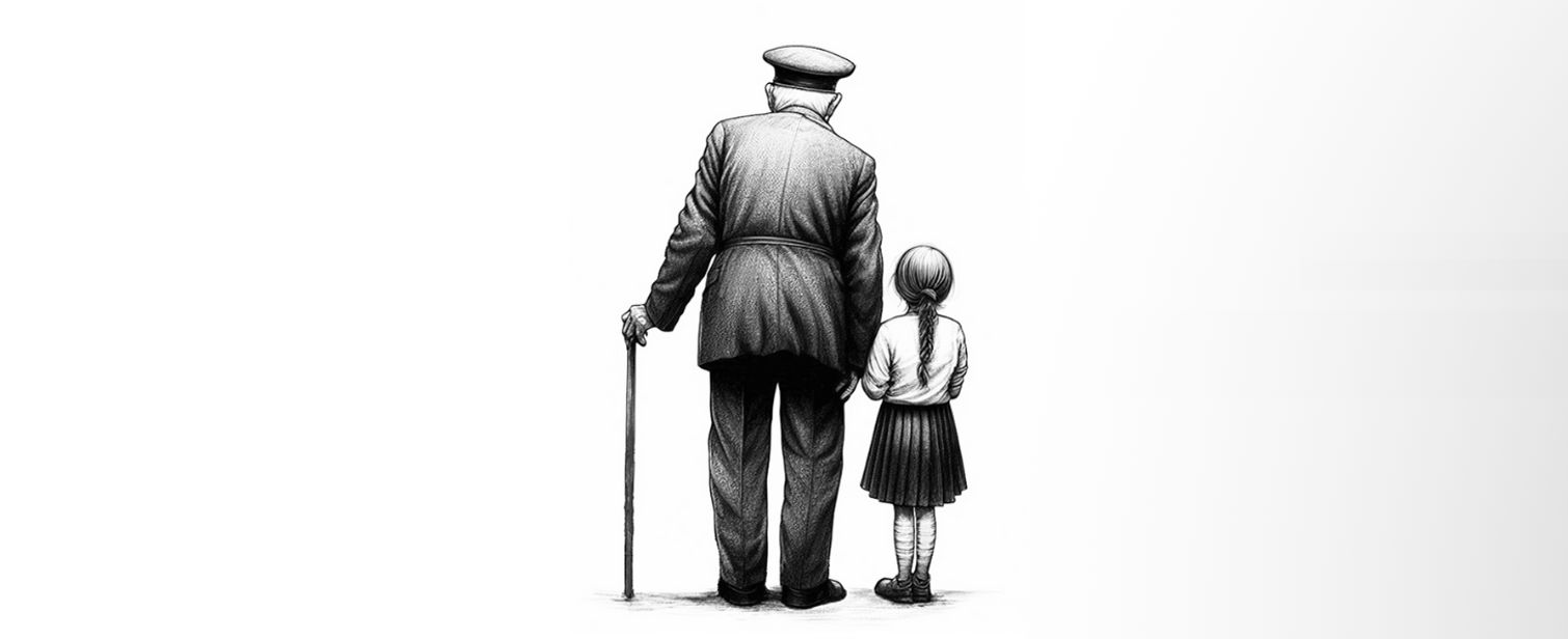 Widok z tyłu na starszego mężczyznę z laską i małą dziewczynkę.