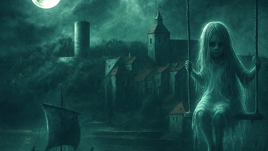 Ponury obraz miasta, po prawej stronie upiorna dziewczynka z długimi włosami siedzi na huśtawce.