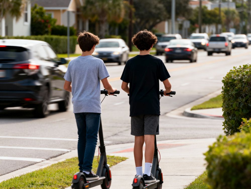 Dwóch chłopców na hulajnogach elektrycznych porusza się po ścieżce rowerowej obok ruchliwej ulicy.