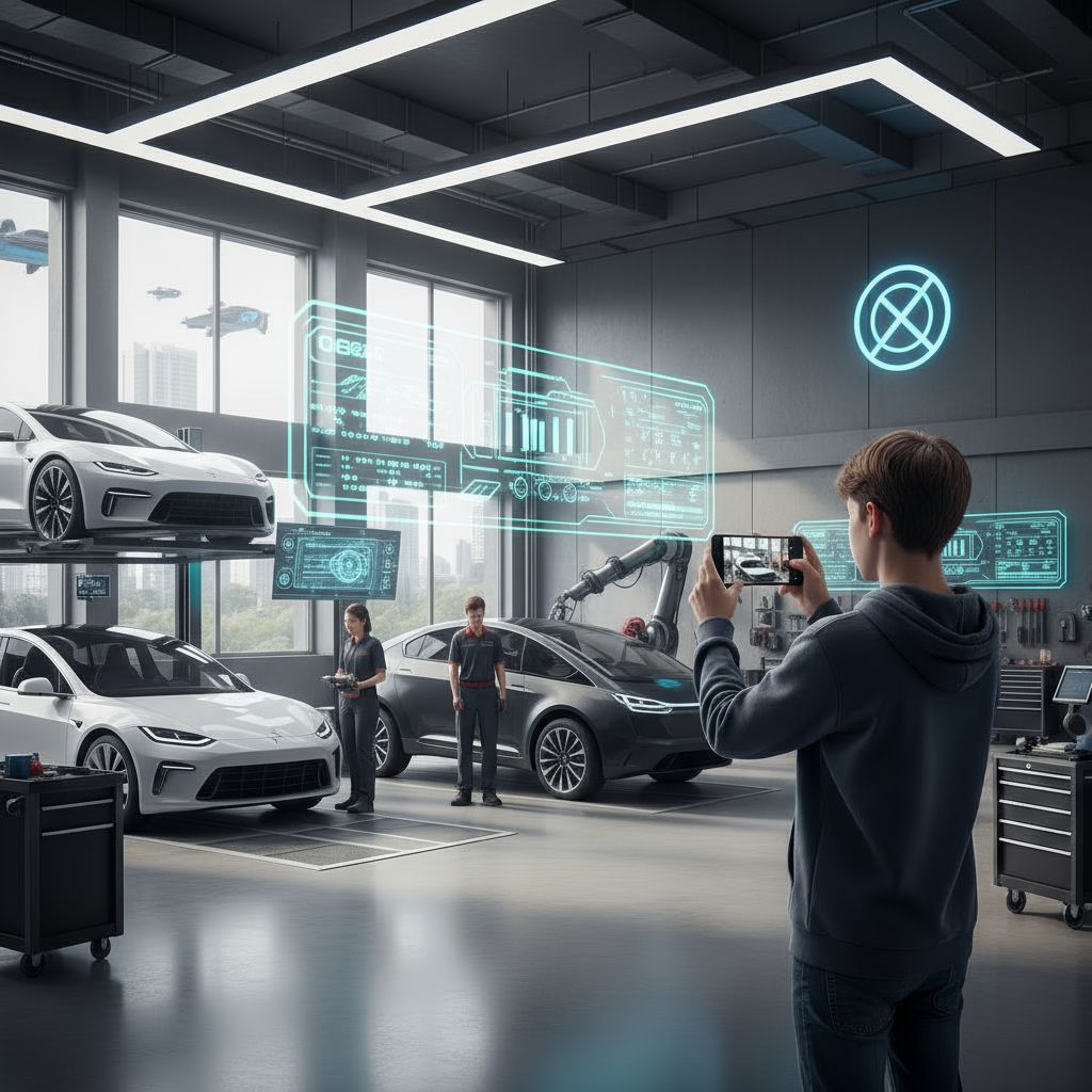 Uczeń filmuje smartfonem pracę w ultranowoczesnym warsztacie samochodów elektrycznych.