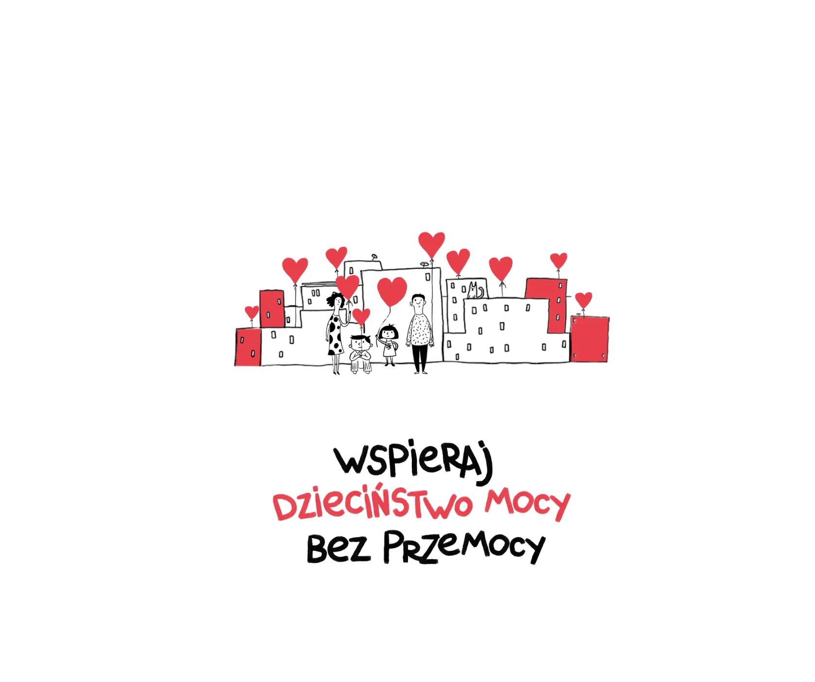 Rodzina i balony w kształcie serca na banerze kampanii "Dzieciństwo bez Przemocy".