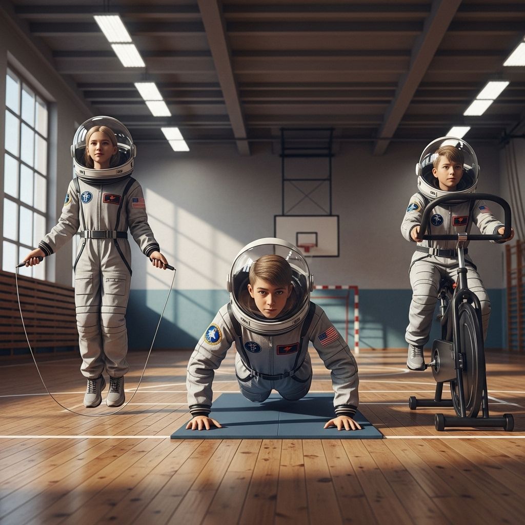 Nastolatki w strojach astronautów ćwiczą w sali gimnastycznej.