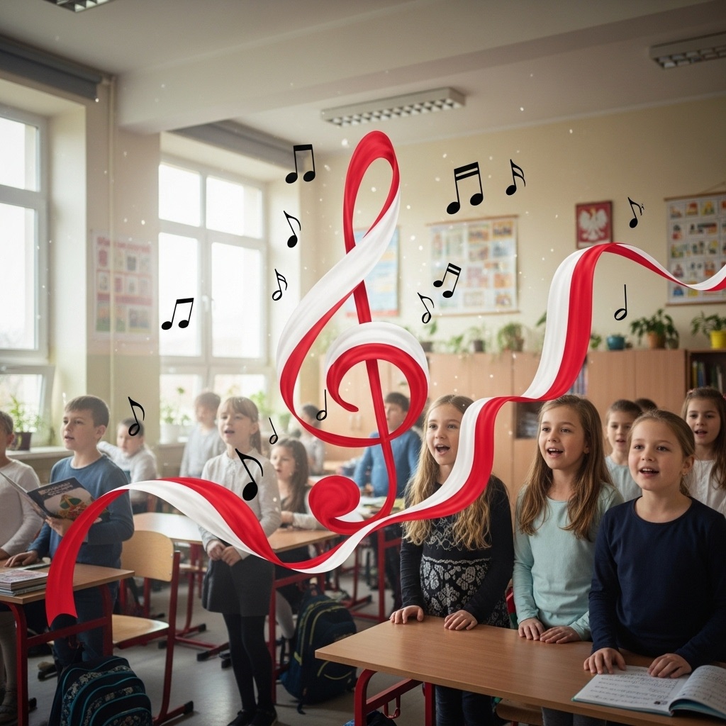 Dzieci śpiewają w klasie. W powietrzu unoszą się nuty i klucz wiolinowy w barwach narodowych.