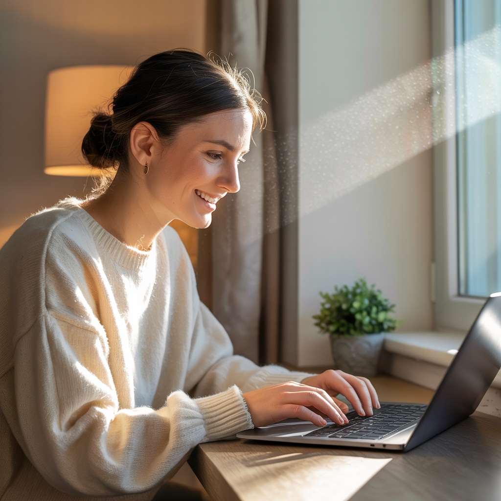 Uśmiechnięta kobieta przy oknie patrzy na ekran laptopa.
