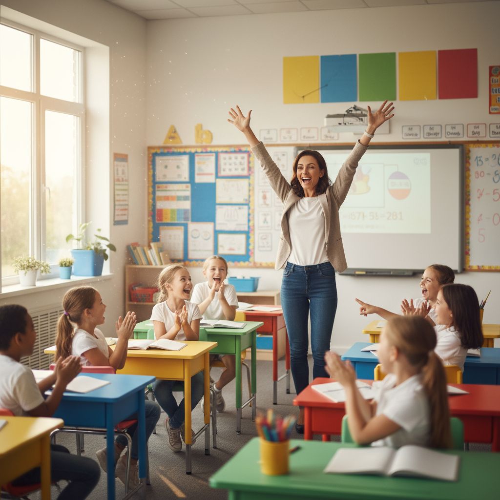Uśmiechnięta nauczycielka z wysoko uniesionymi rękoma stoi przed dziećmi w klasie szkolnej.