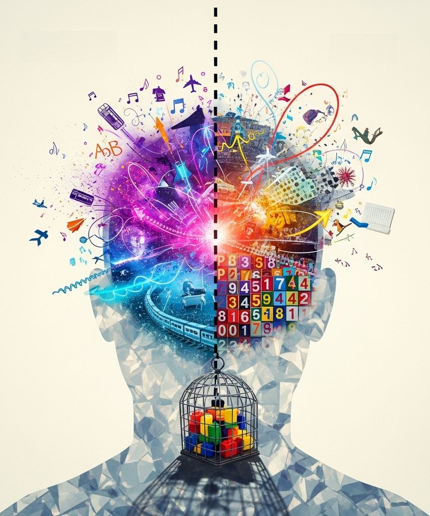 Głowa człowieka podzielona na pół, w środku zamiast mózgu – chaotyczna, dynamiczna sceneria.