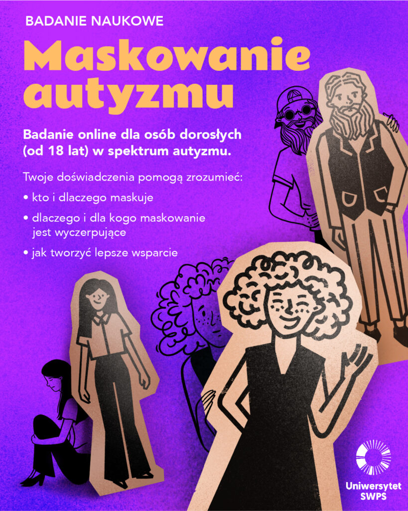 Fioletowo-żółta grafika wektorowa uśmiechniętymi postaciami oraz z nazwą badania i krótkim opisem.