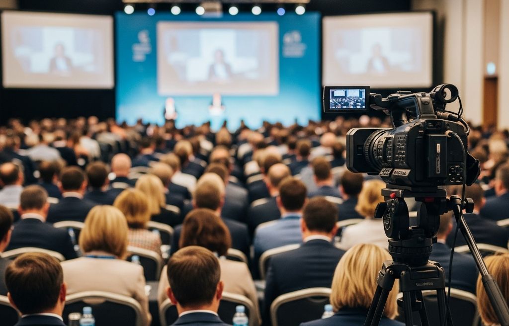 Sala konferencyjna zapełniona słuchaczami. Z tyłu kamera przekazująca obraz online.