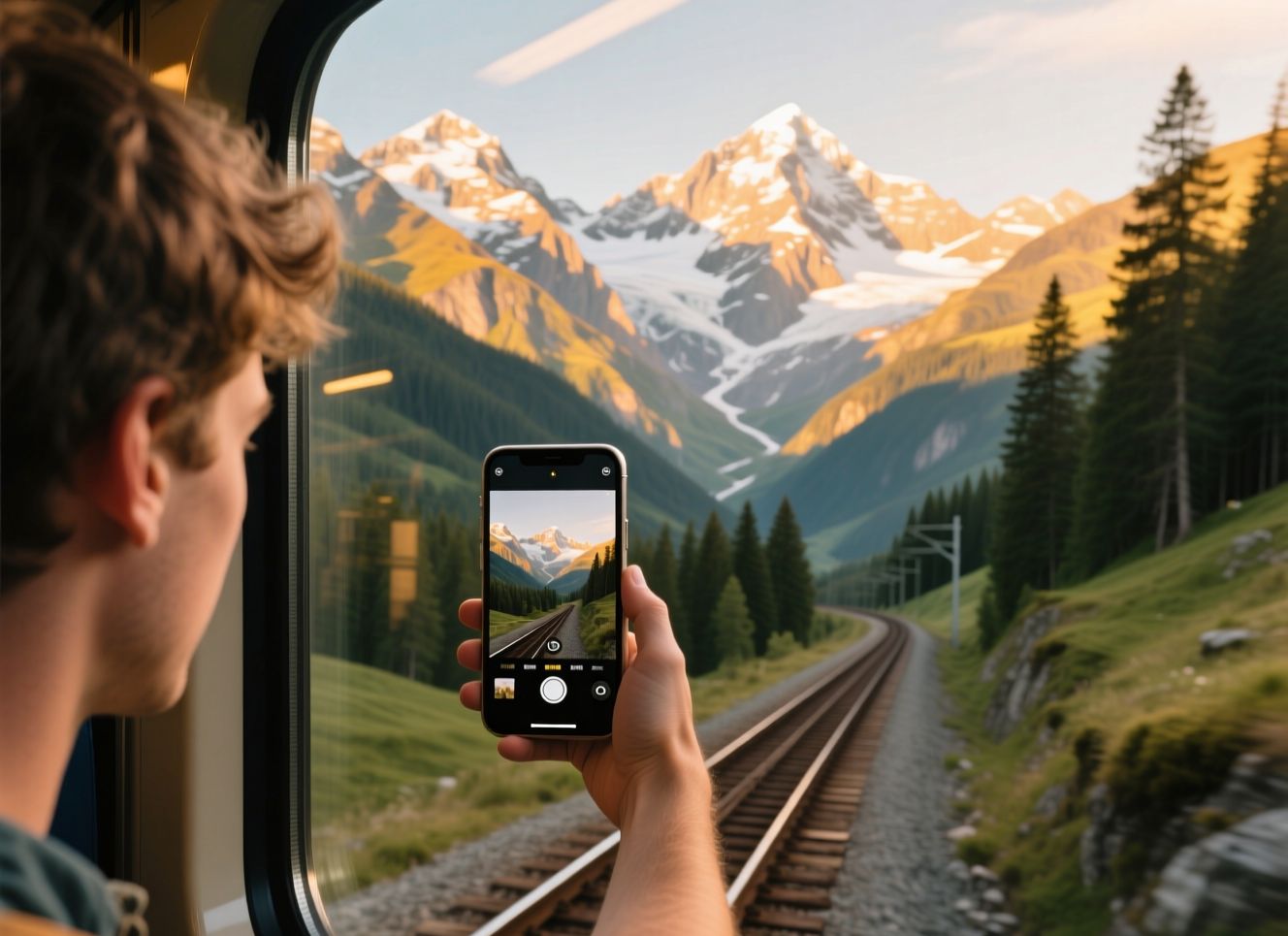 Chłopak robi zdjęcie ładnego pejzażu górskiego, jadąc pociągiem.