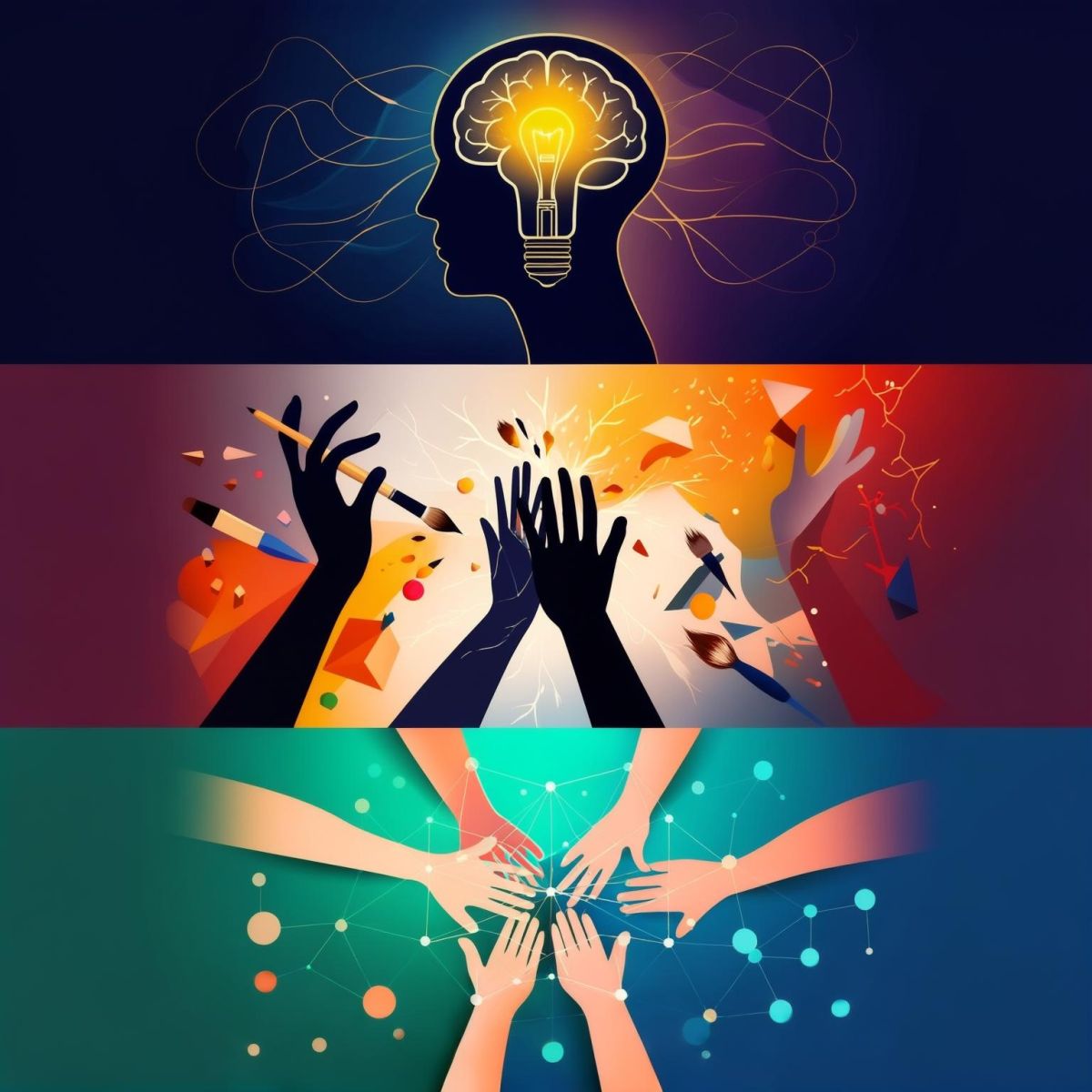 Plakat z motywem żarówki w głowie, pędzla i dłoni symbolizujący myślenie, tworzenie i współpracę.