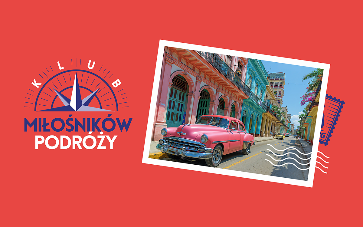 Na czerwonym tle widokówka z fragmentem zabudowań na Kubie oraz starym amerykańskim samochodem.