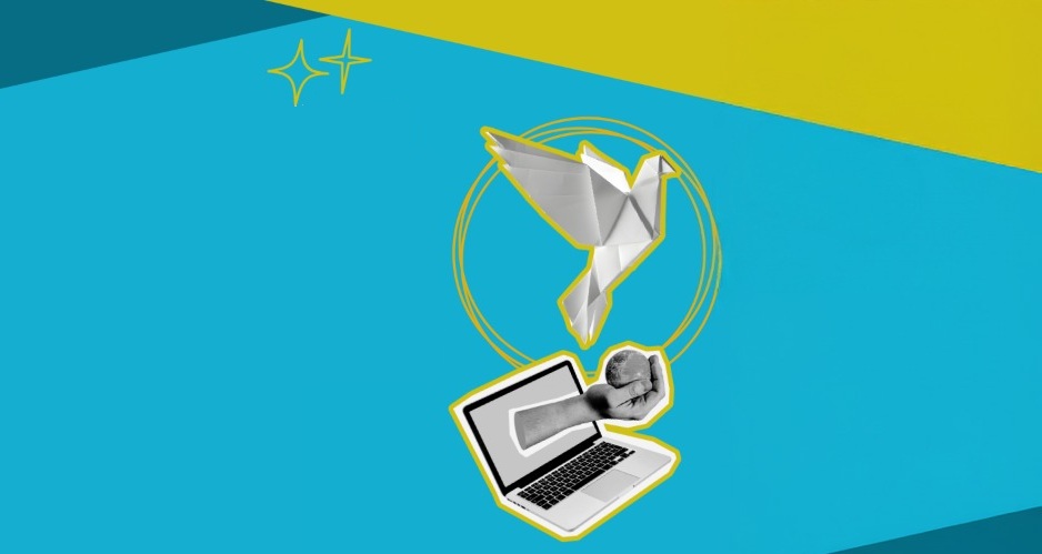 Gołąb origami oraz laptop i dłoń obejmująca kulę ziemską.