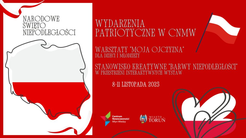Plakat informujący o wydarzeniach patriotycznych. Kolory biało-czerwone, symbole narodowe. Logo Młyn Wiedzy i Miasto Toruń.