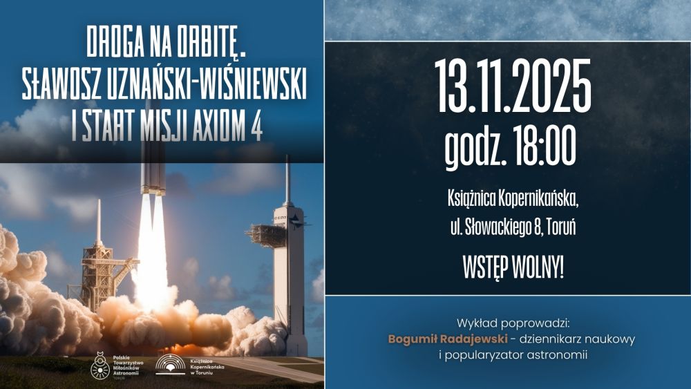 Grafika ilustrująca start rakiety na stację kosmiczną oraz informacje o wykładzie.