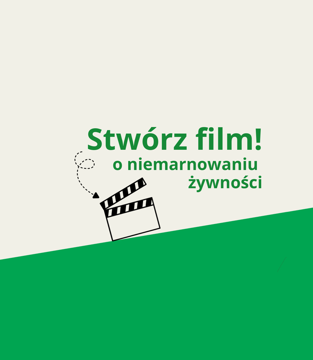 Klaps filmowy i napis: Stwórz film o niemarnowaniu żywności!